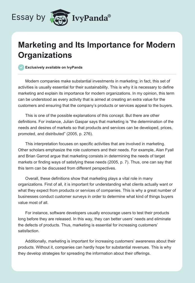Marketing and Its Importance for Modern Organizations. Page 1