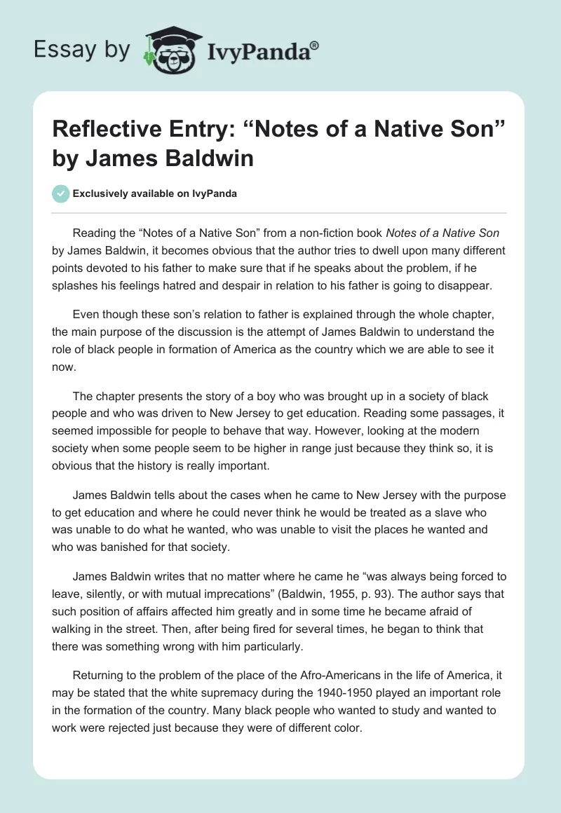 Reflective Entry: “Notes of a Native Son” by James Baldwin. Page 1