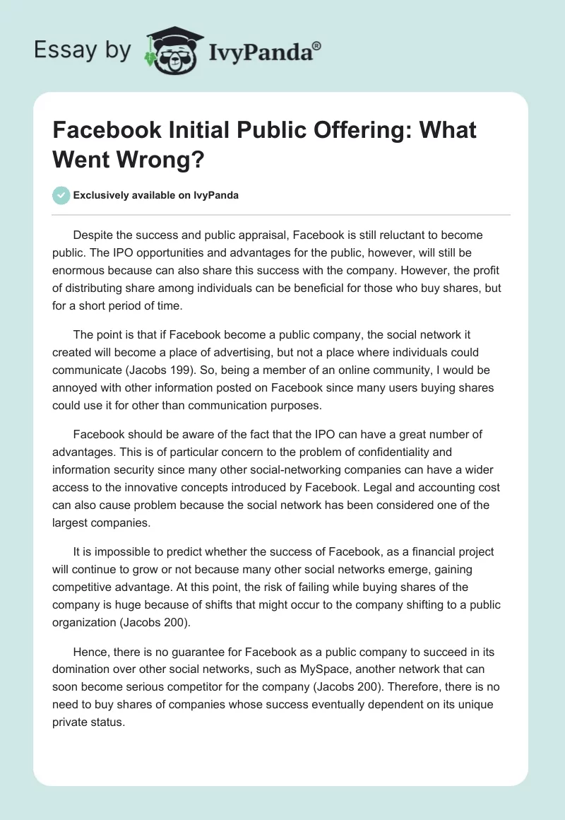 Facebook Initial Public Offering: What Went Wrong?. Page 1