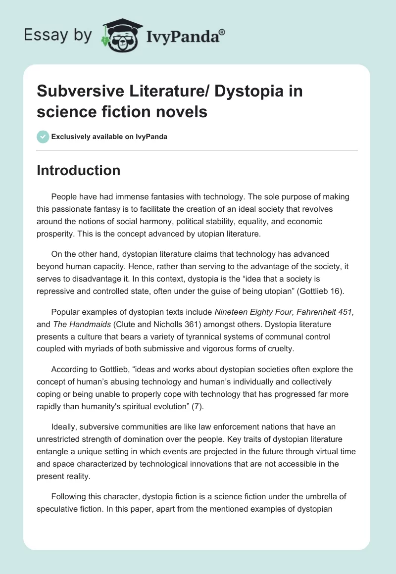 Subversive Literature/ Dystopia in science fiction novels. Page 1