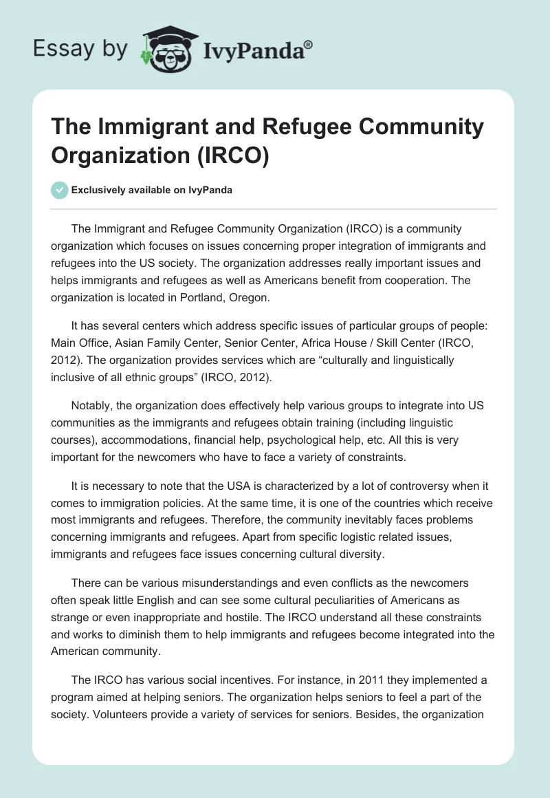 The Immigrant and Refugee Community Organization (IRCO). Page 1