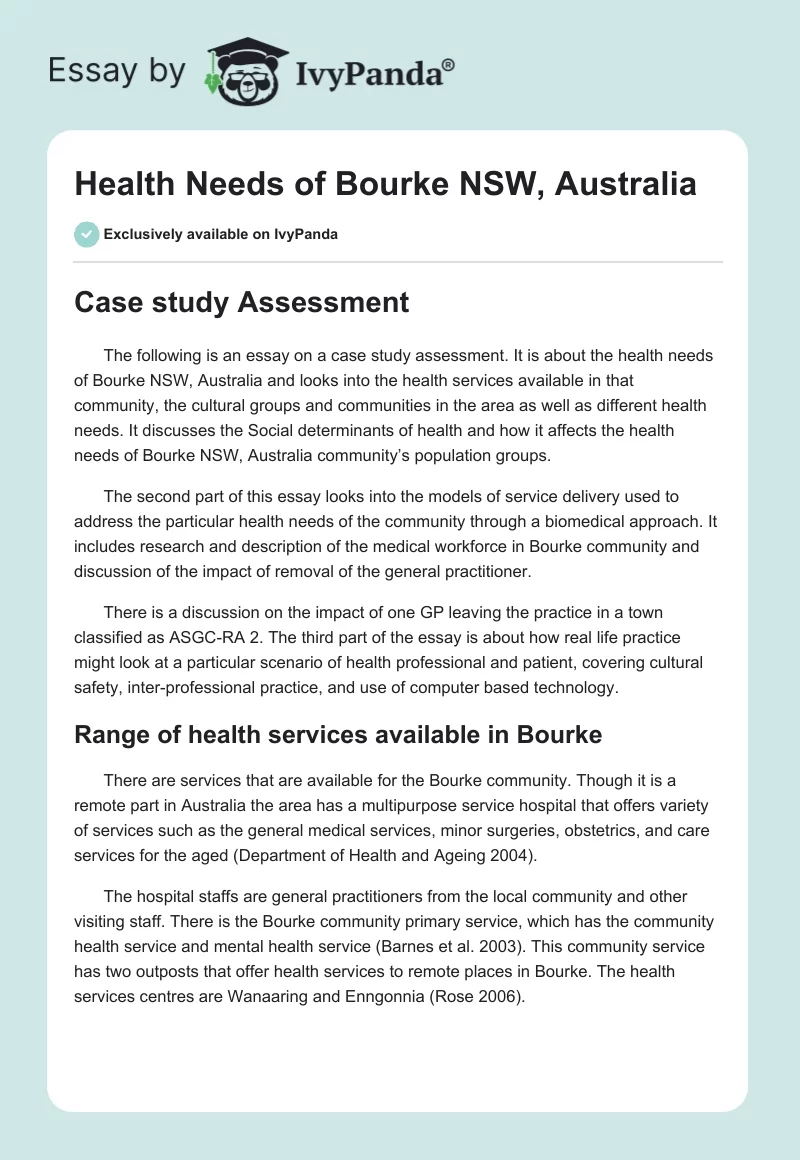 Health Needs of Bourke NSW, Australia. Page 1