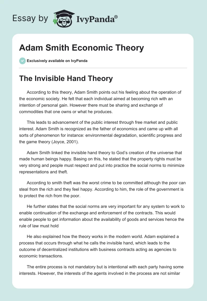 Adam Smith Economic Theory. Page 1