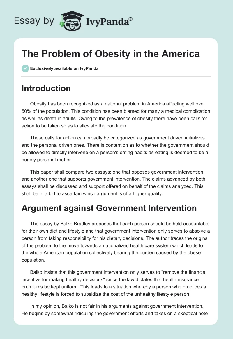 The Problem of Obesity in the America. Page 1