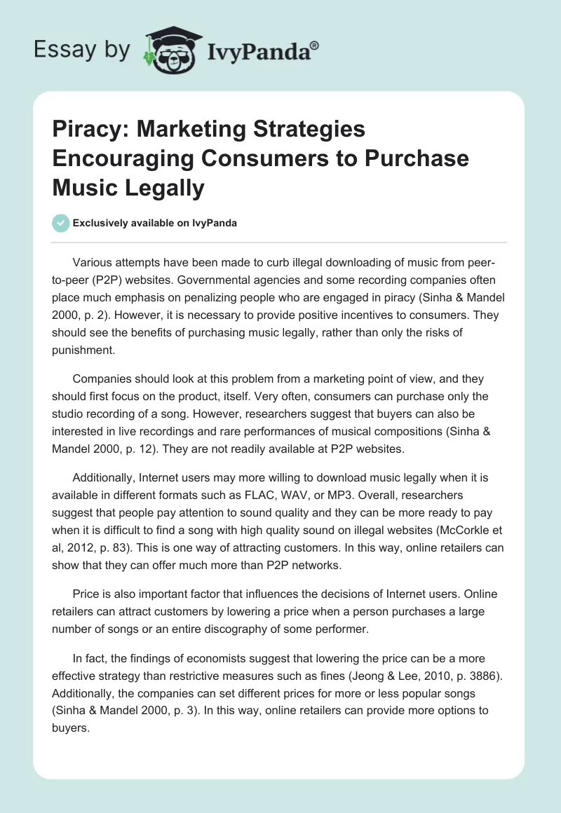 Piracy: Marketing Strategies Encouraging Consumers to Purchase Music Legally. Page 1