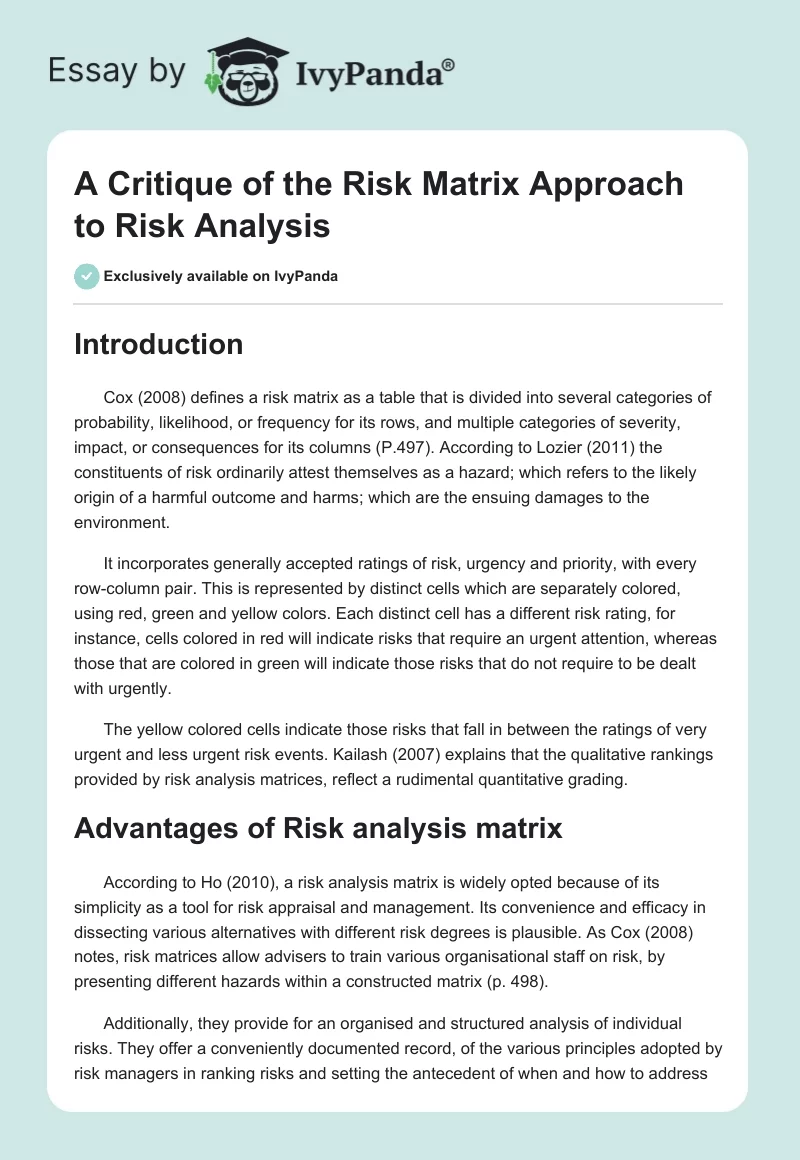 A Critique of the Risk Matrix Approach to Risk Analysis. Page 1