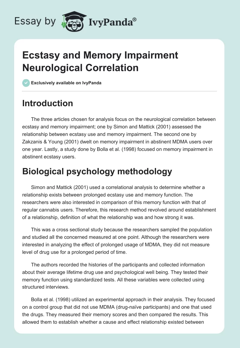 Ecstasy and Memory Impairment Neurological Correlation. Page 1