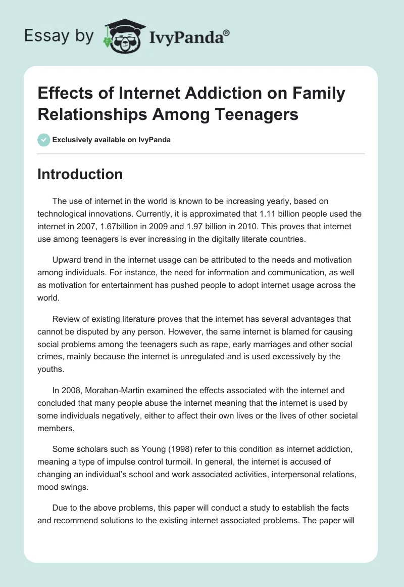 Effects of Internet Addiction on Family Relationships Among Teenagers. Page 1