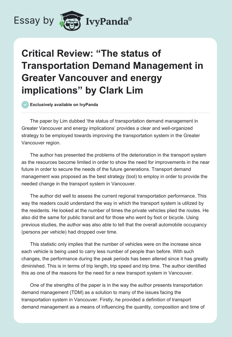 Critical Review: “The status of Transportation Demand Management in Greater Vancouver and energy implications” by Clark Lim. Page 1