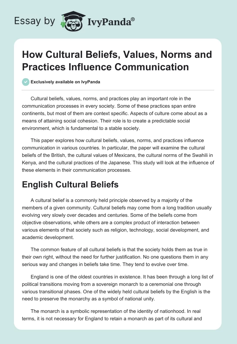 How Cultural Beliefs, Values, Norms and Practices Influence Communication. Page 1