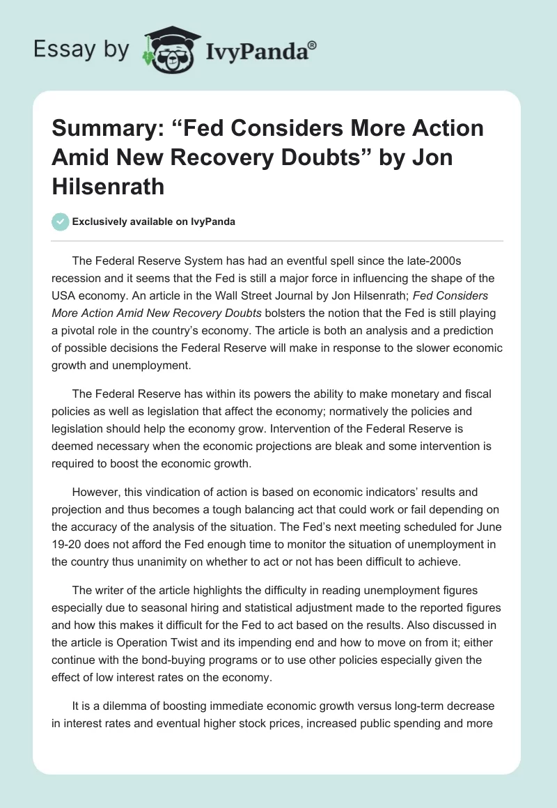 Summary: “Fed Considers More Action Amid New Recovery Doubts” by Jon Hilsenrath. Page 1