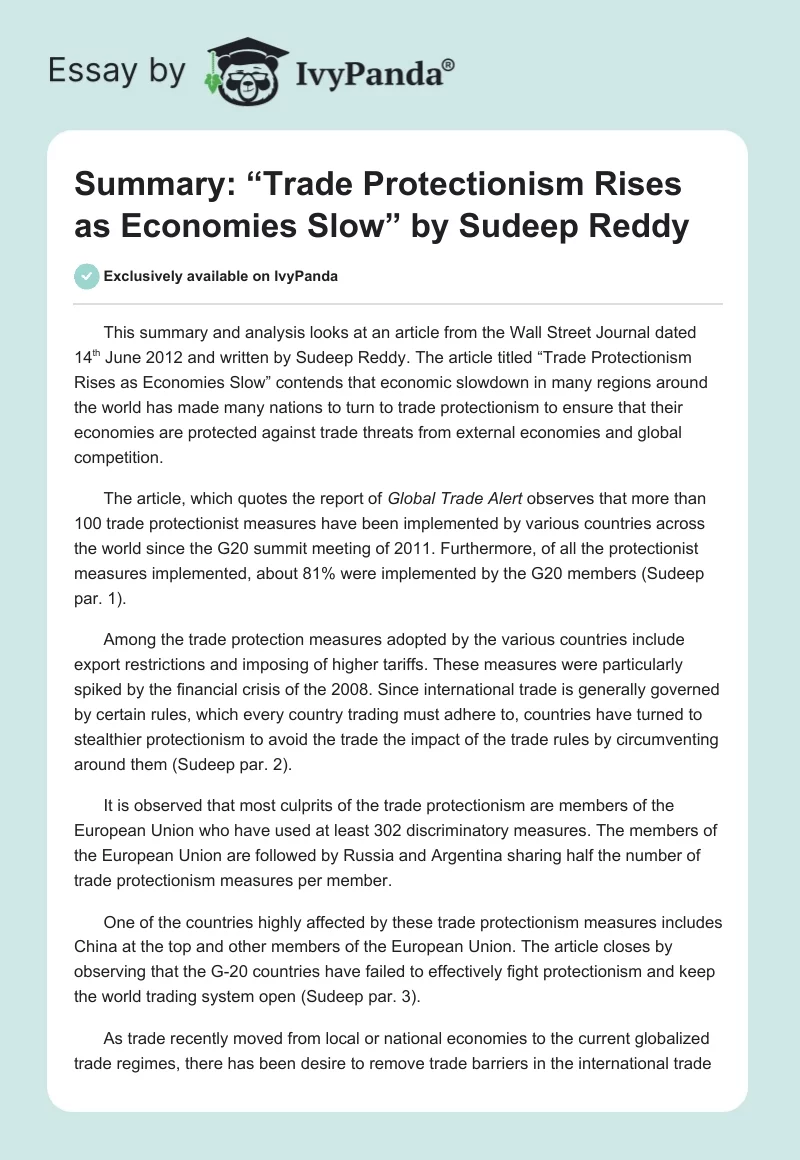 Summary: “Trade Protectionism Rises as Economies Slow” by Sudeep Reddy. Page 1
