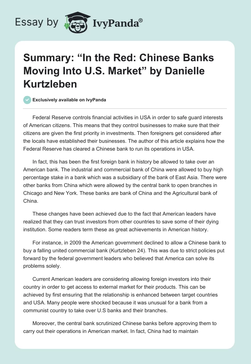 Summary: “In the Red: Chinese Banks Moving Into U.S. Market” by Danielle Kurtzleben. Page 1