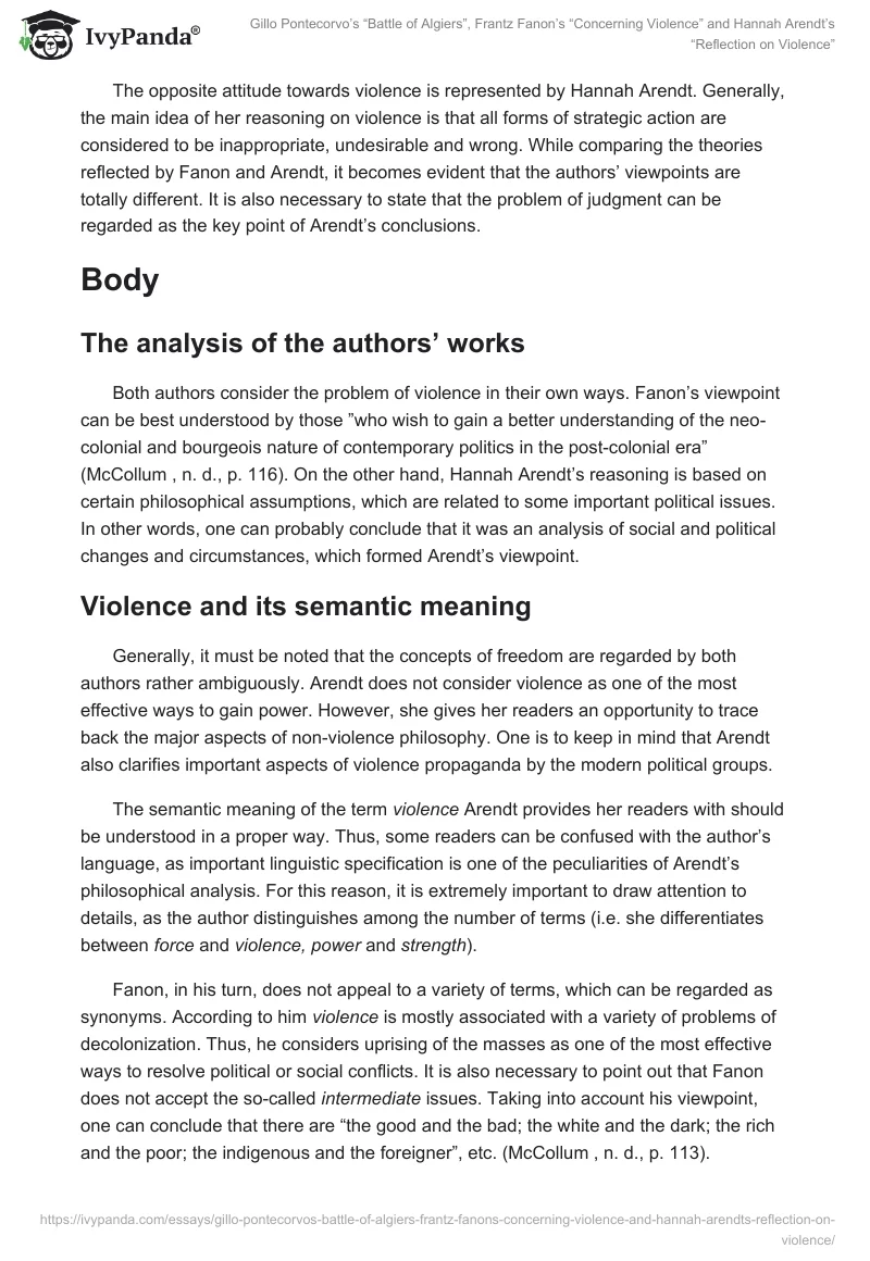 Gillo Pontecorvo’s “Battle of Algiers”, Frantz Fanon’s “Concerning Violence” and Hannah Arendt’s “Reflection on Violence”. Page 2