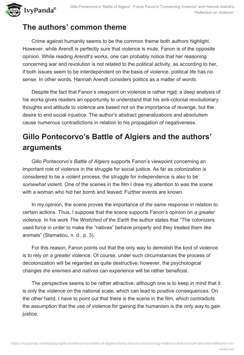 Gillo Pontecorvo’s “Battle of Algiers”, Frantz Fanon’s “Concerning Violence” and Hannah Arendt’s “Reflection on Violence”. Page 3