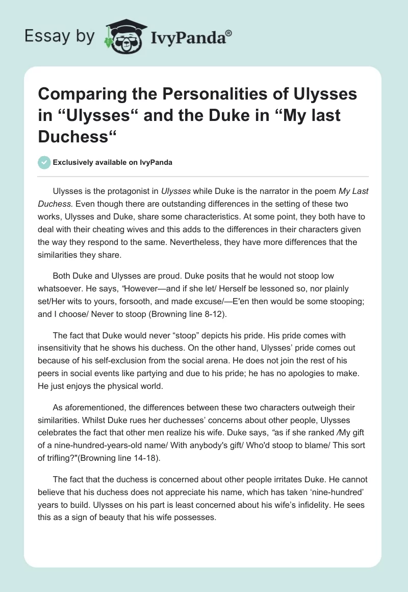 Comparing the Personalities of Ulysses in “Ulysses“ and the Duke in “My Last Duchess“. Page 1