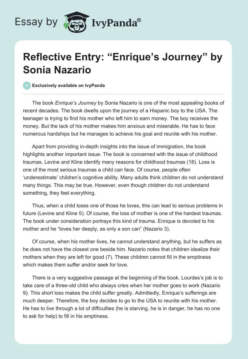 Reflective Entry: “Enrique’s Journey” by Sonia Nazario. Page 1