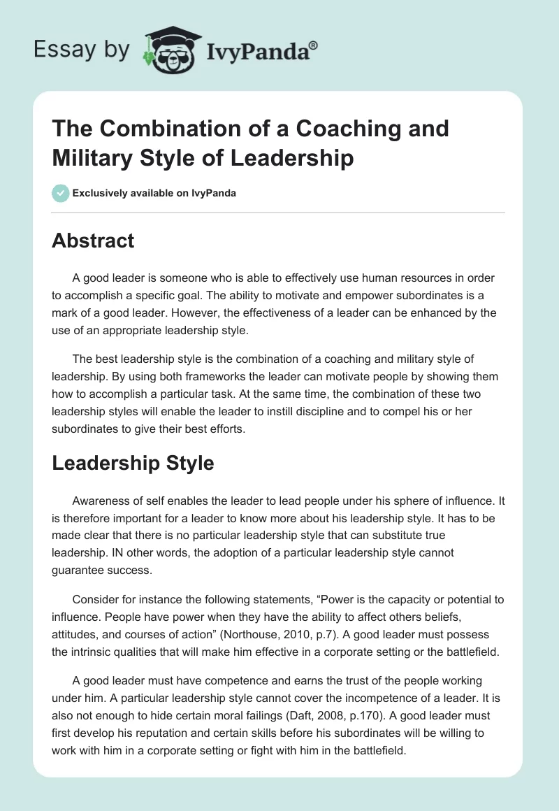 The Combination of a Coaching and Military Style of Leadership. Page 1