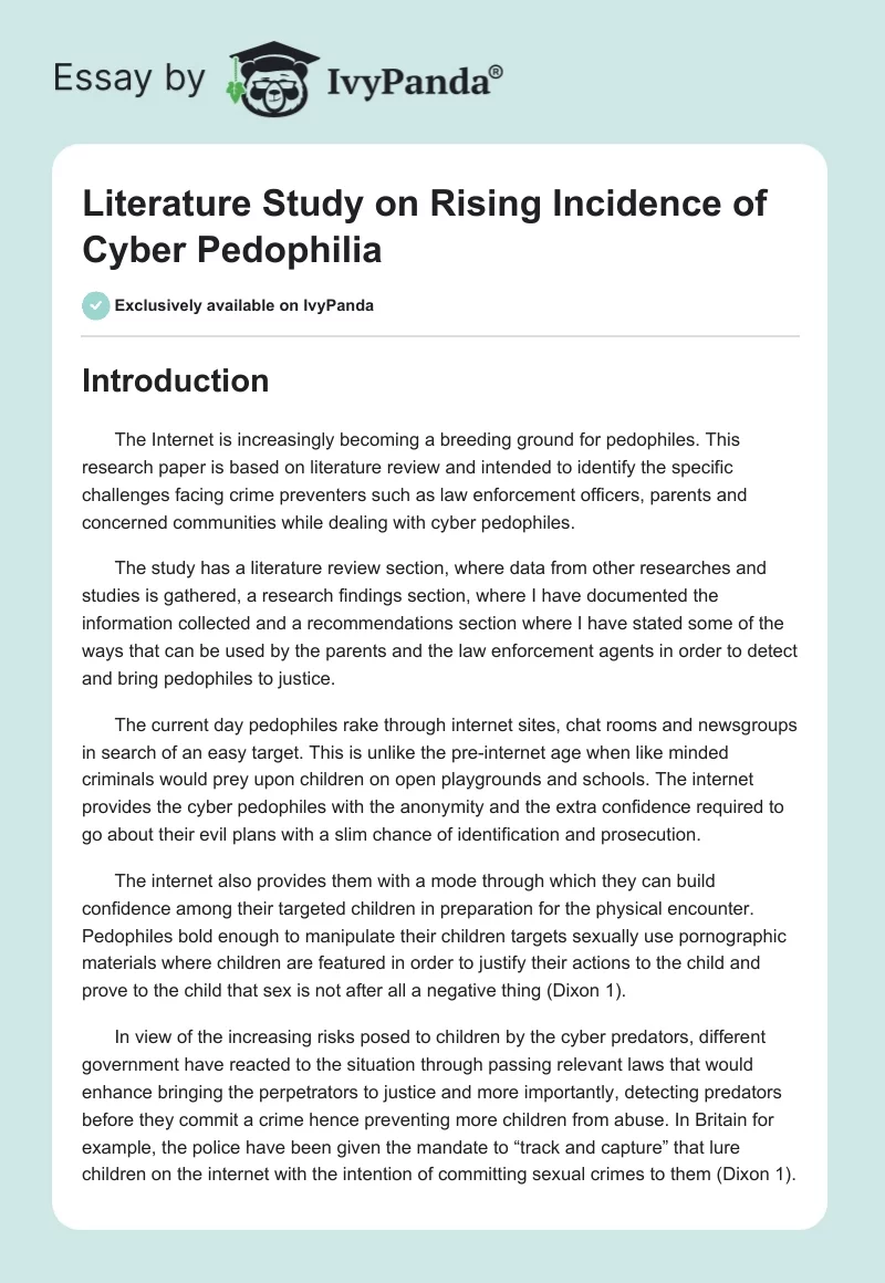 Literature Study on Rising Incidence of Cyber Pedophilia. Page 1