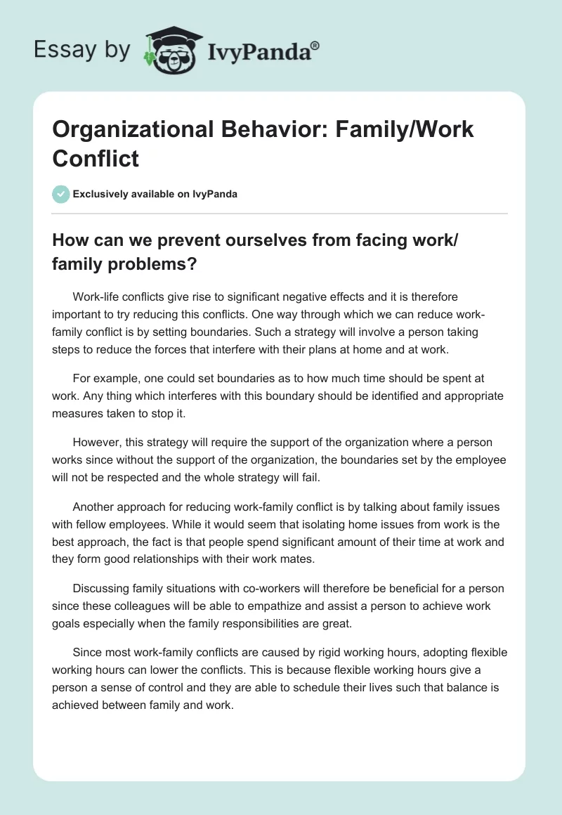 Organizational Behavior: Family/Work Conflict. Page 1