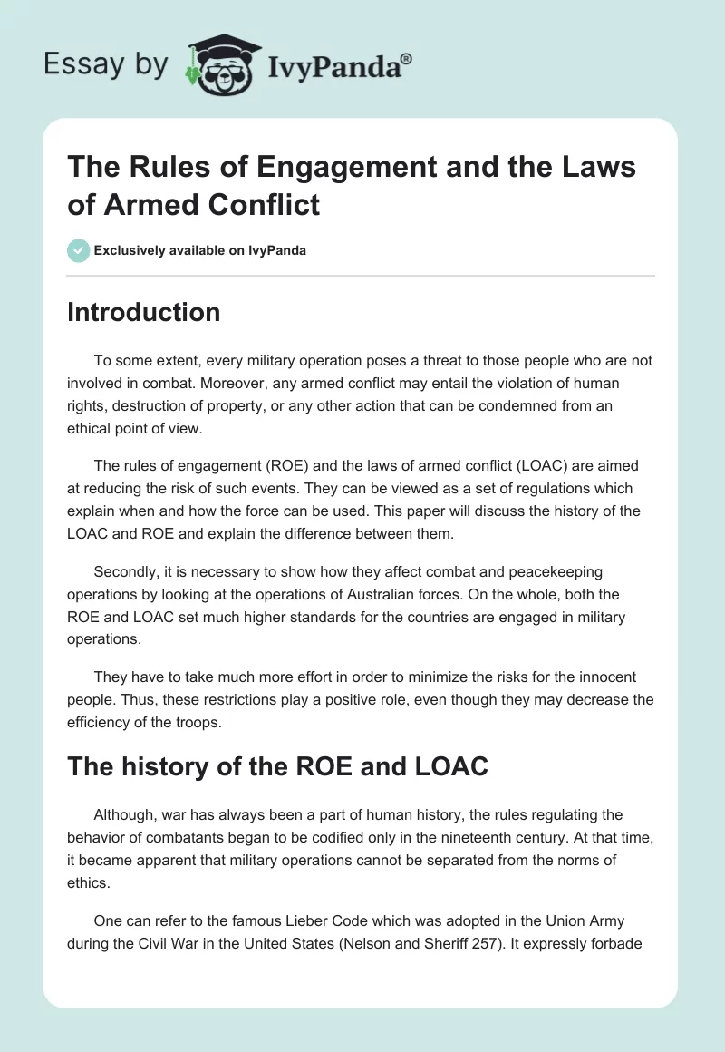 The Rules of Engagement and the Laws of Armed Conflict. Page 1