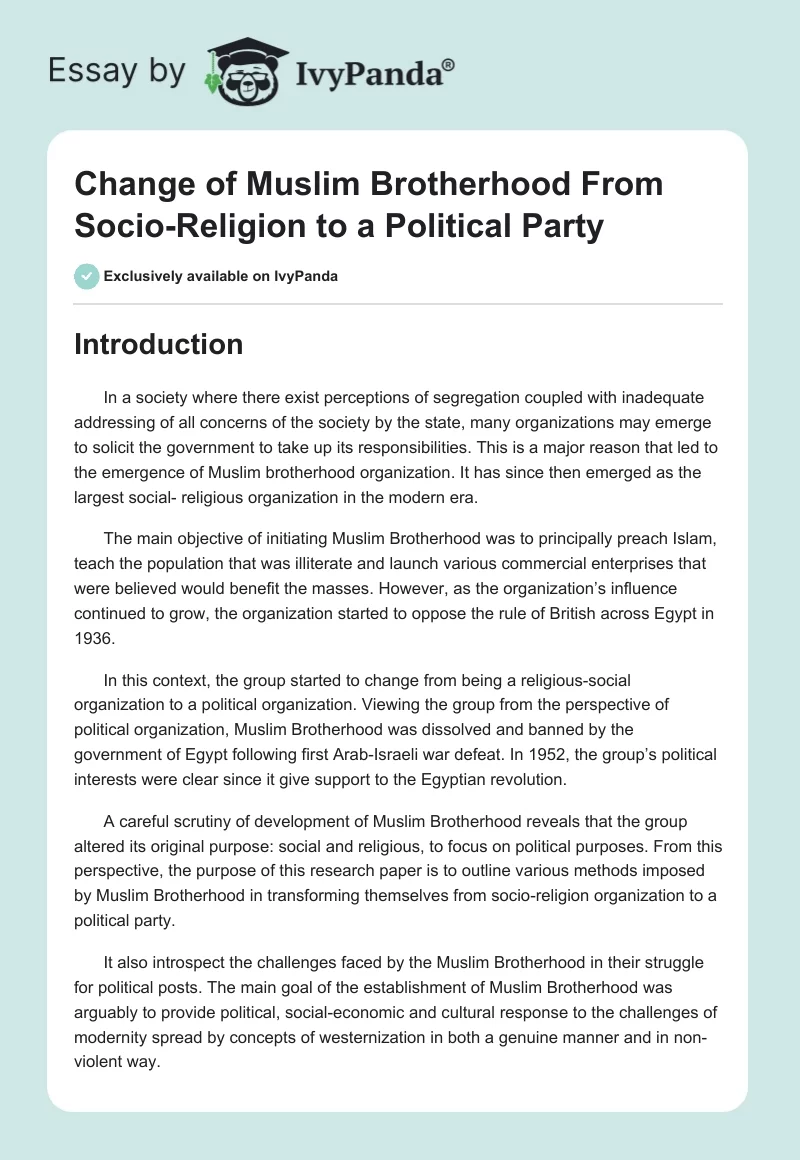 Change of Muslim Brotherhood From Socio-Religion to a Political Party. Page 1