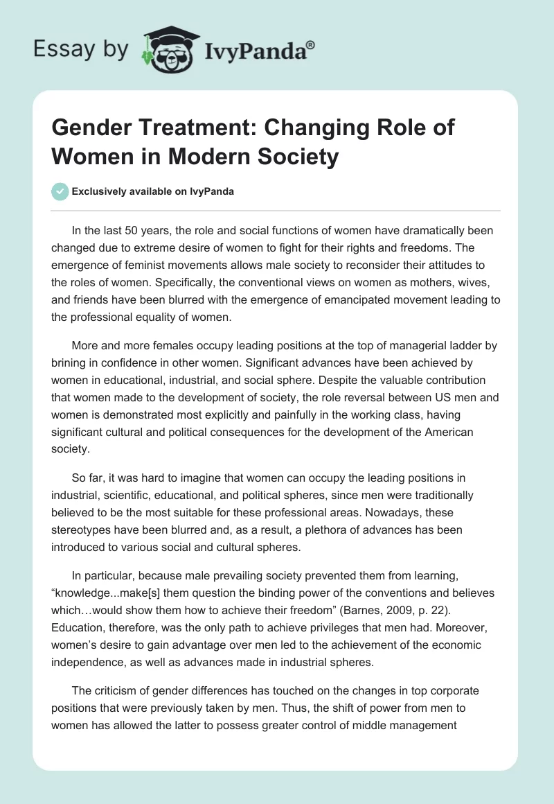 Gender Treatment: Changing Role of Women in Modern Society. Page 1