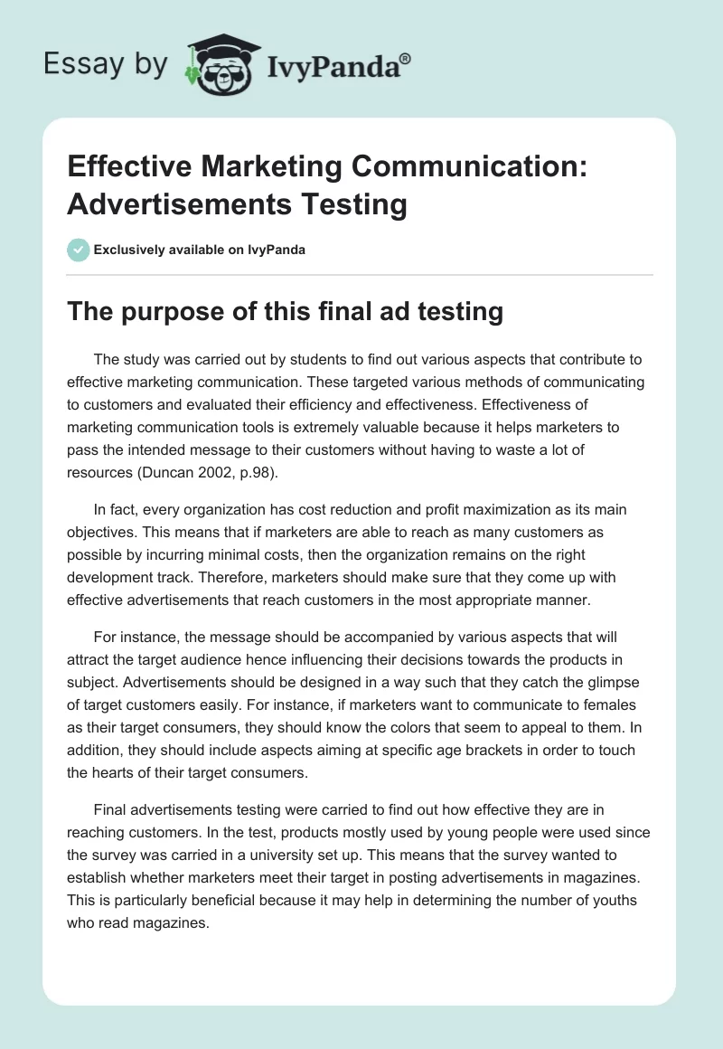 Effective Marketing Communication: Advertisements Testing. Page 1
