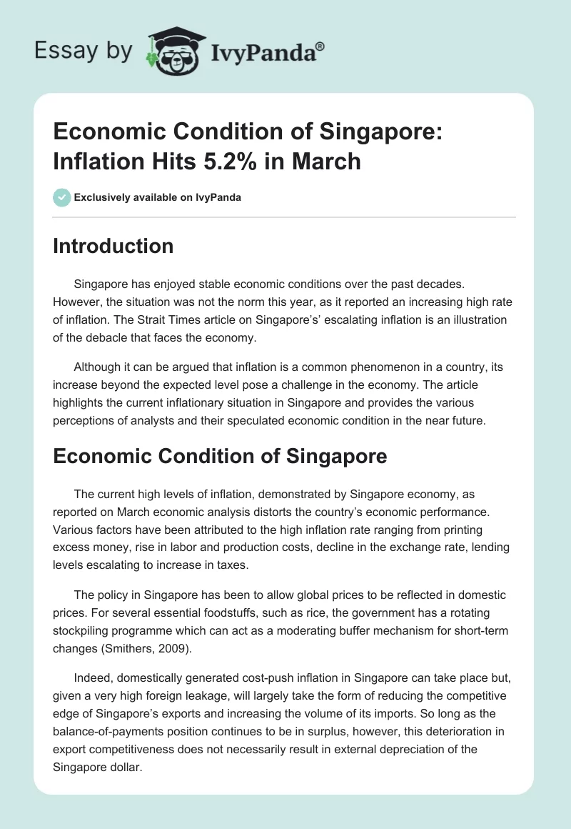 Economic Condition of Singapore: Inflation Hits 5.2% in March. Page 1