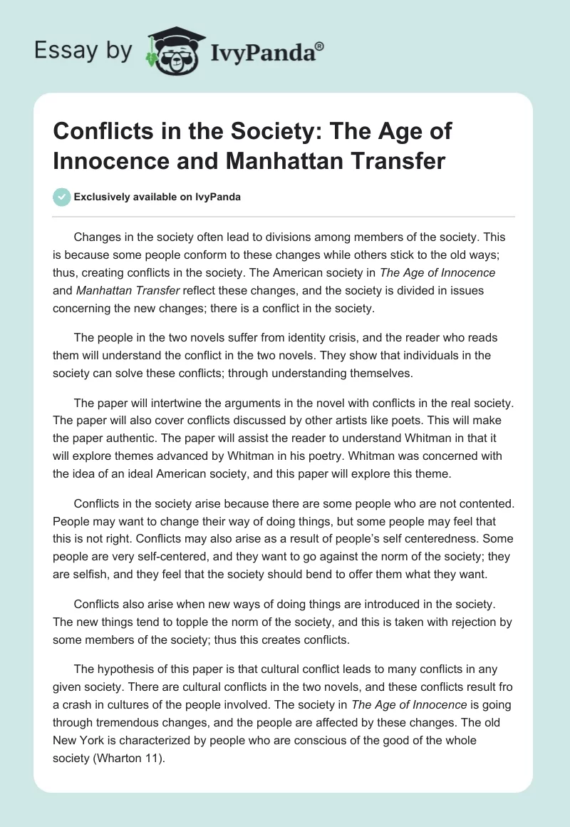 Conflicts in the Society: "The Age of Innocence" and "Manhattan Transfer". Page 1