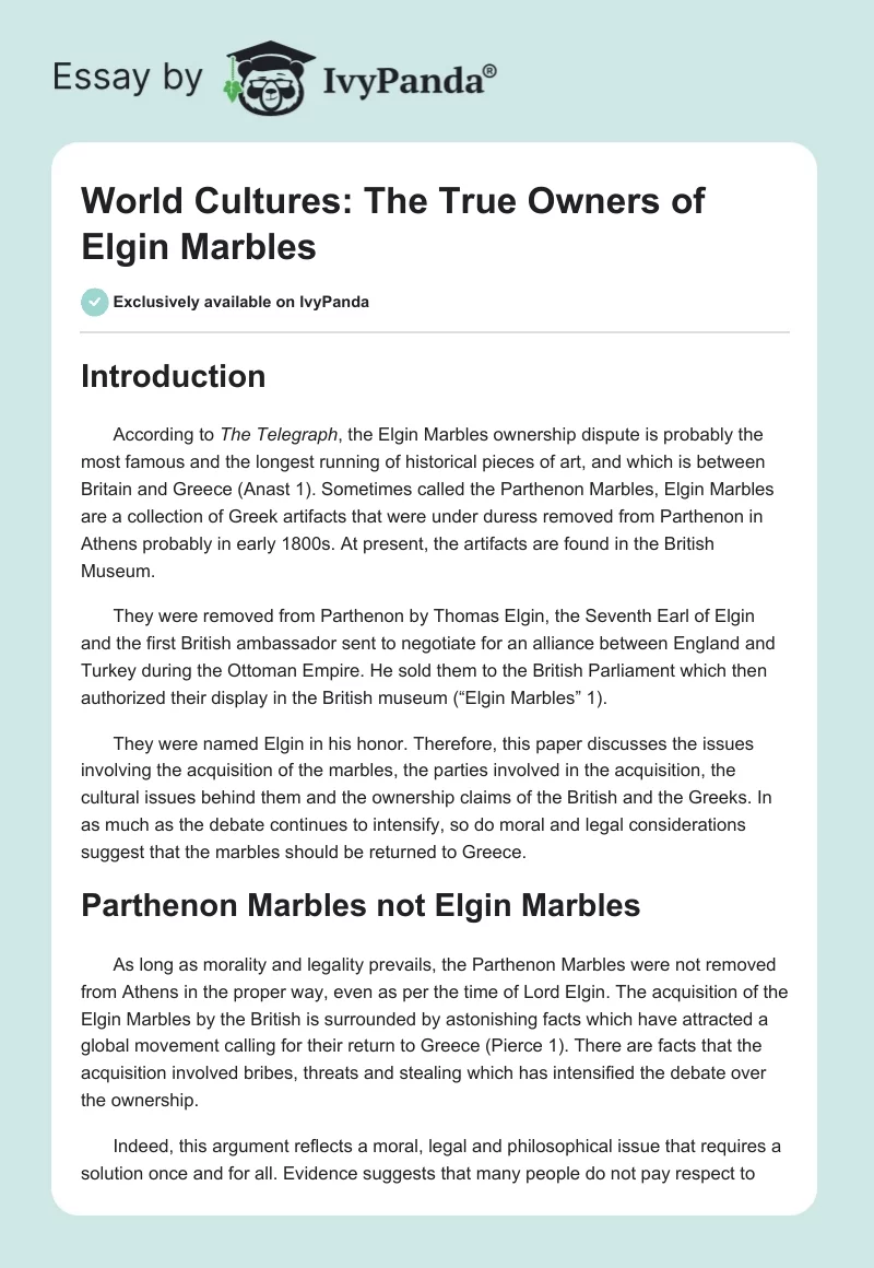 World Cultures: The True Owners of Elgin Marbles. Page 1