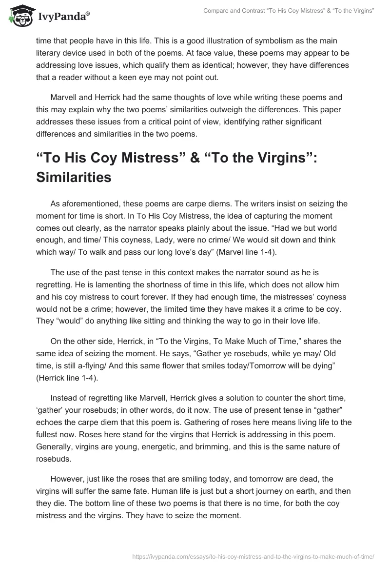 Compare and Contrast “To His Coy Mistress” & “To the Virgins”. Page 2