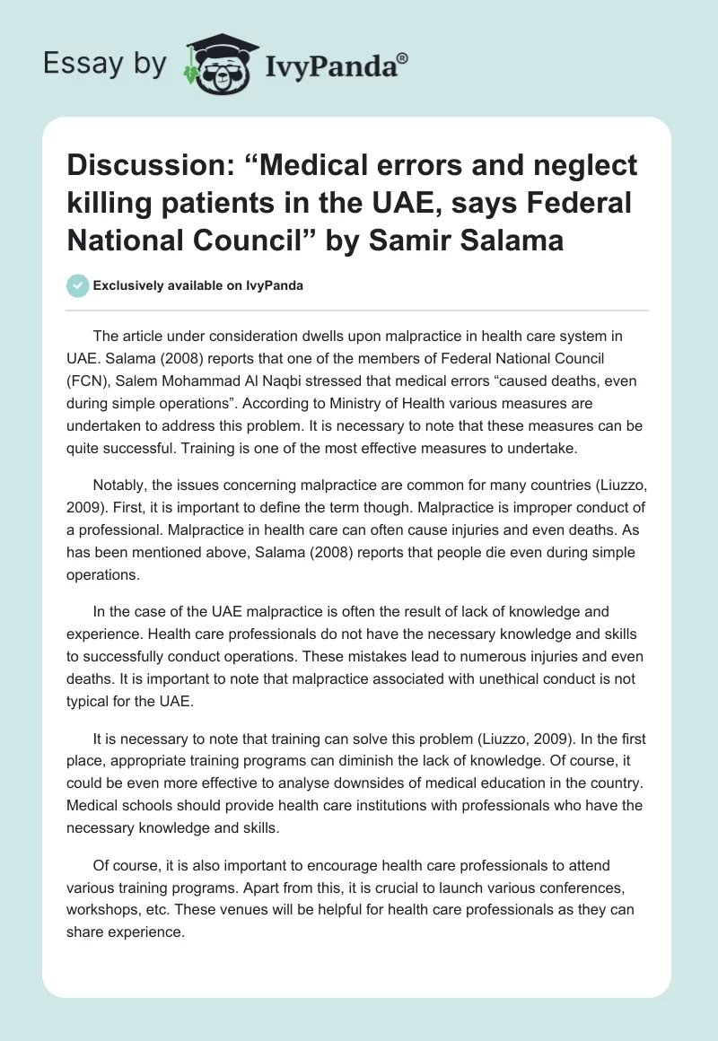 Discussion: “Medical errors and neglect killing patients in the UAE, says Federal National Council” by Samir Salama. Page 1