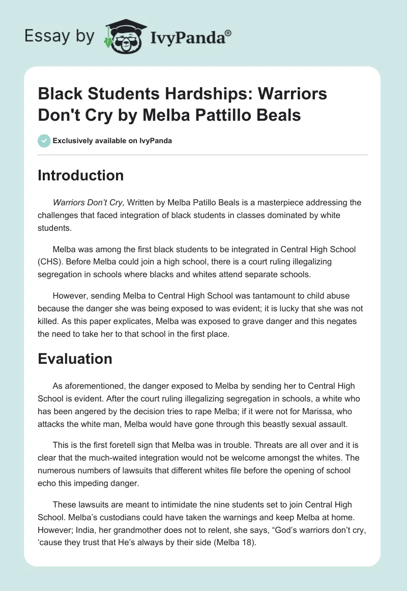 Black Students Hardships: "Warriors Don't Cry" by Melba Pattillo Beals. Page 1