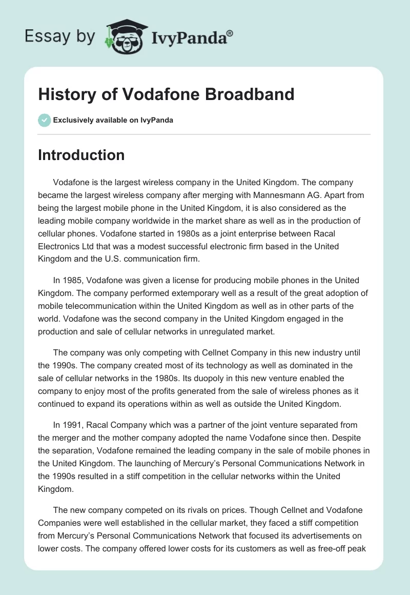 History of Vodafone Broadband. Page 1