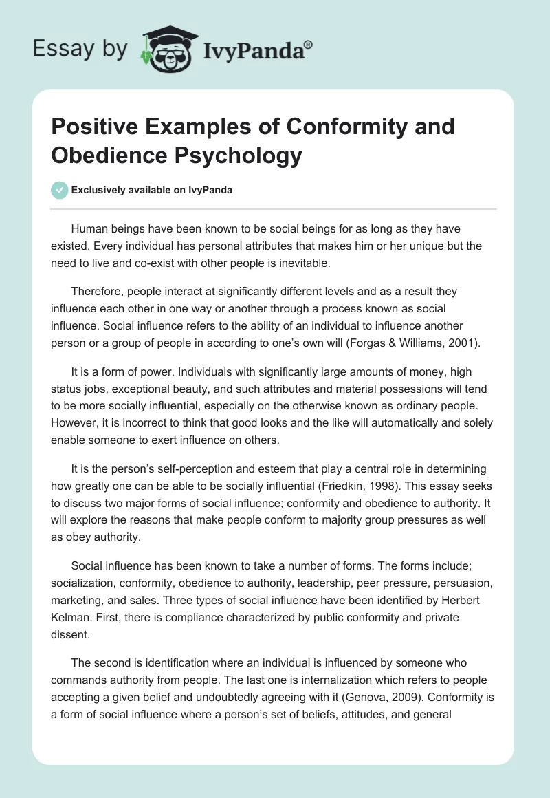 Positive Examples of Conformity and Obedience Psychology. Page 1