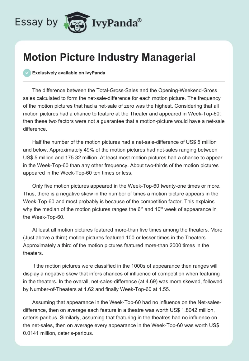 Motion Picture Industry Managerial. Page 1