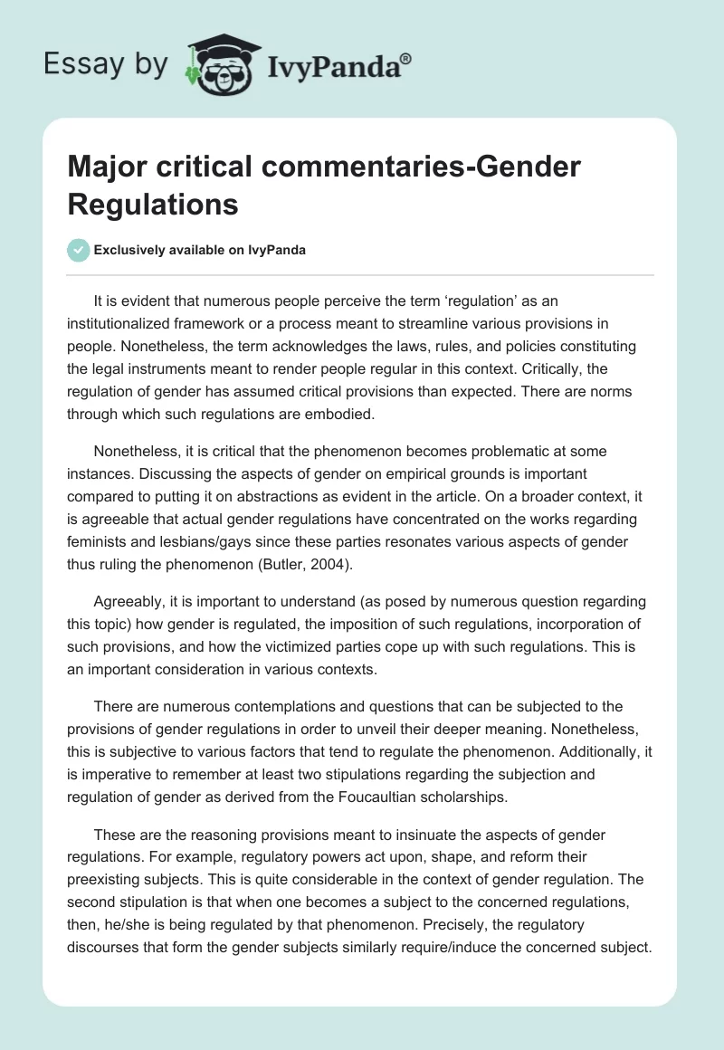 Major critical commentaries-Gender Regulations. Page 1