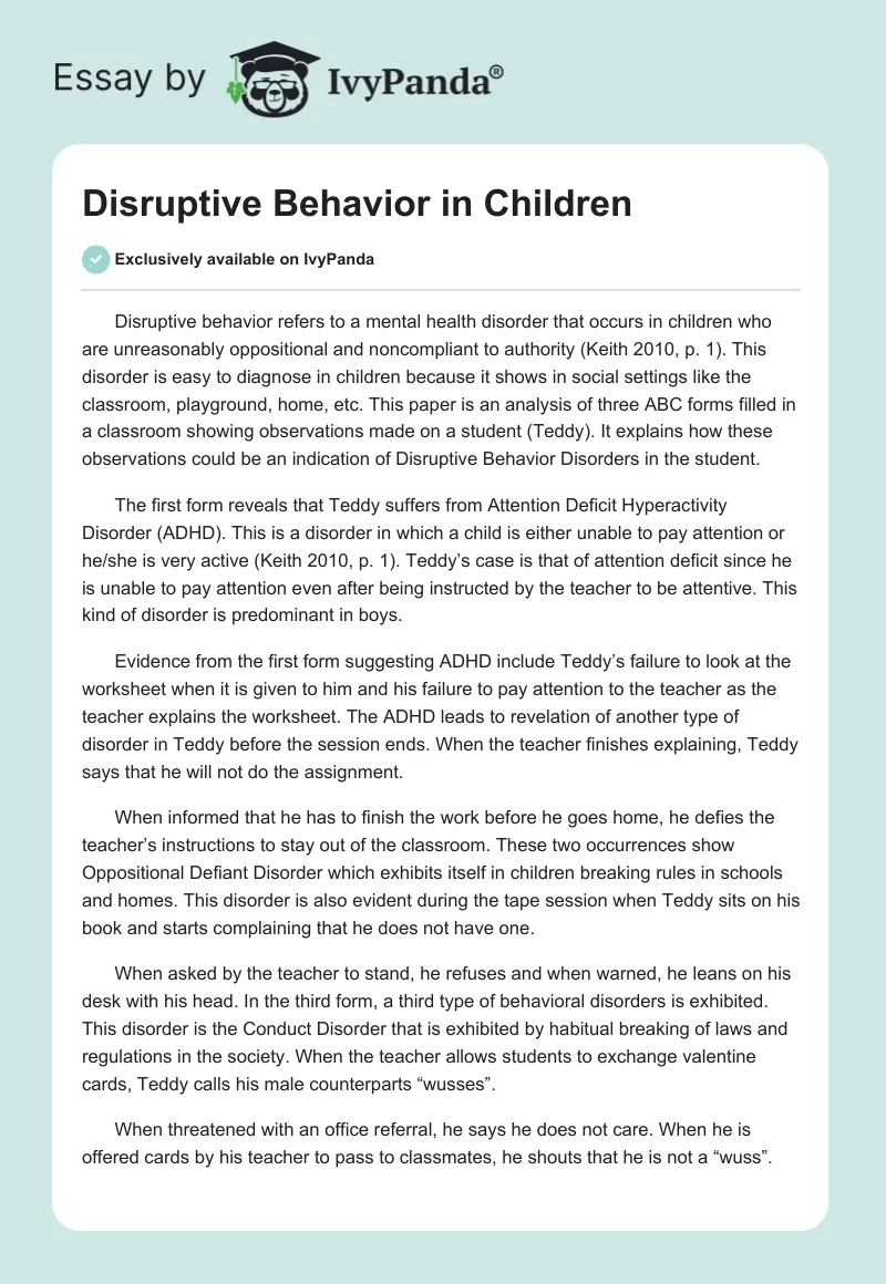 Disruptive Behavior in Children. Page 1