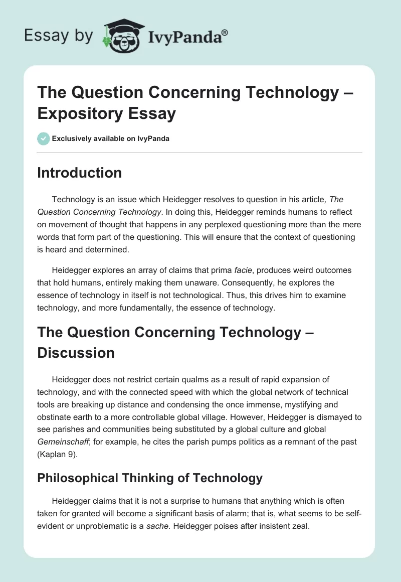 The Question Concerning Technology – Expository Essay. Page 1