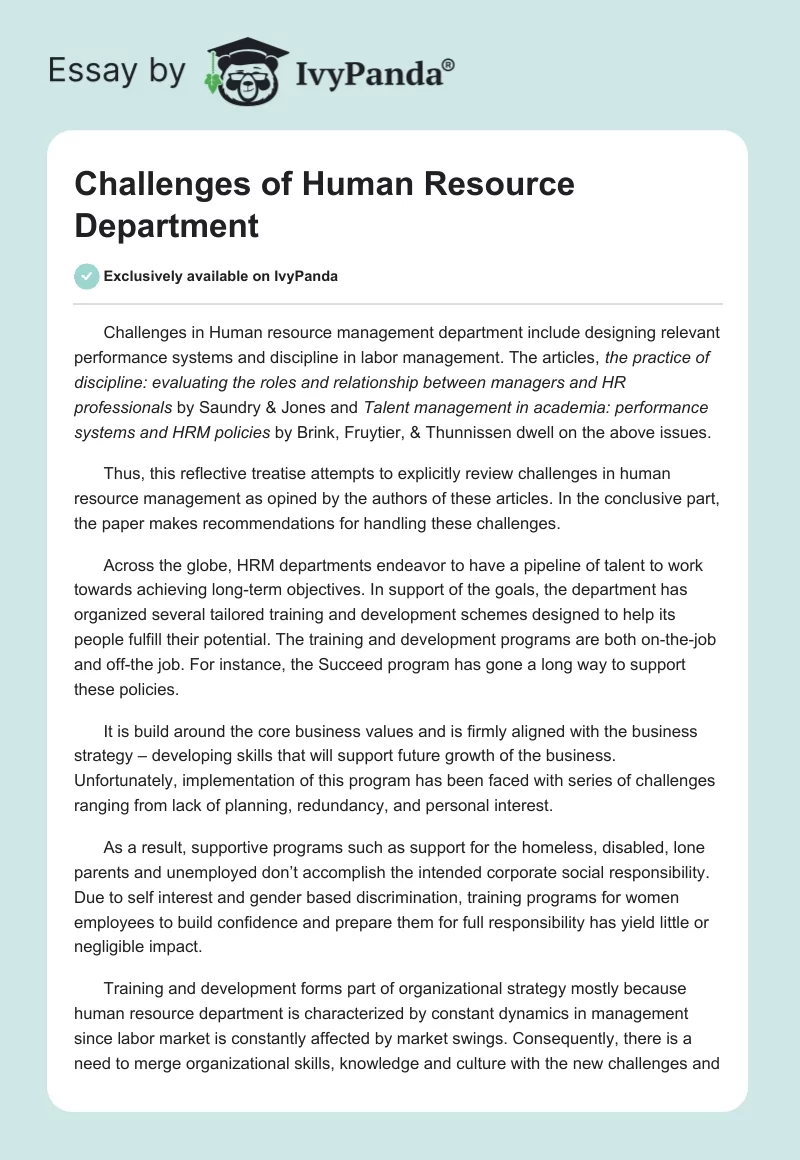 Challenges of Human Resource Department. Page 1