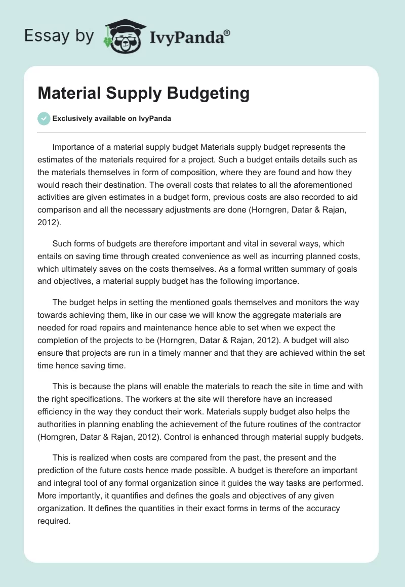 Material Supply Budgeting. Page 1