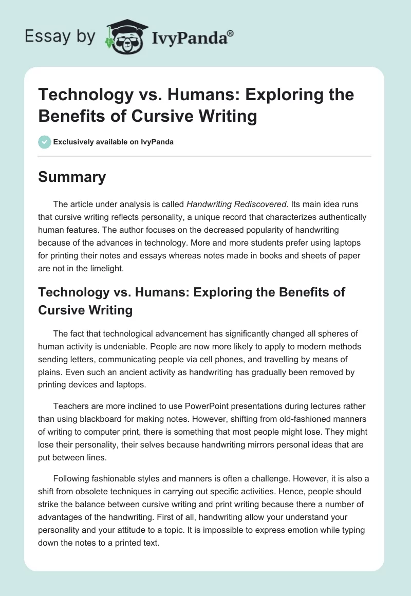 Technology vs. Humans: Exploring the Benefits of Cursive Writing. Page 1