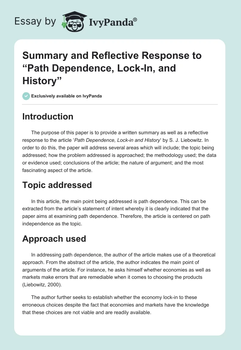 Summary and Reflective Response to “Path Dependence, Lock-In, and History”. Page 1