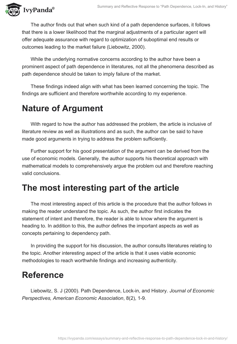 Summary and Reflective Response to “Path Dependence, Lock-In, and History”. Page 3