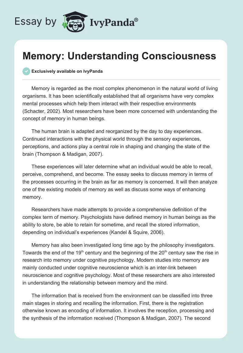 Memory: Understanding Consciousness. Page 1