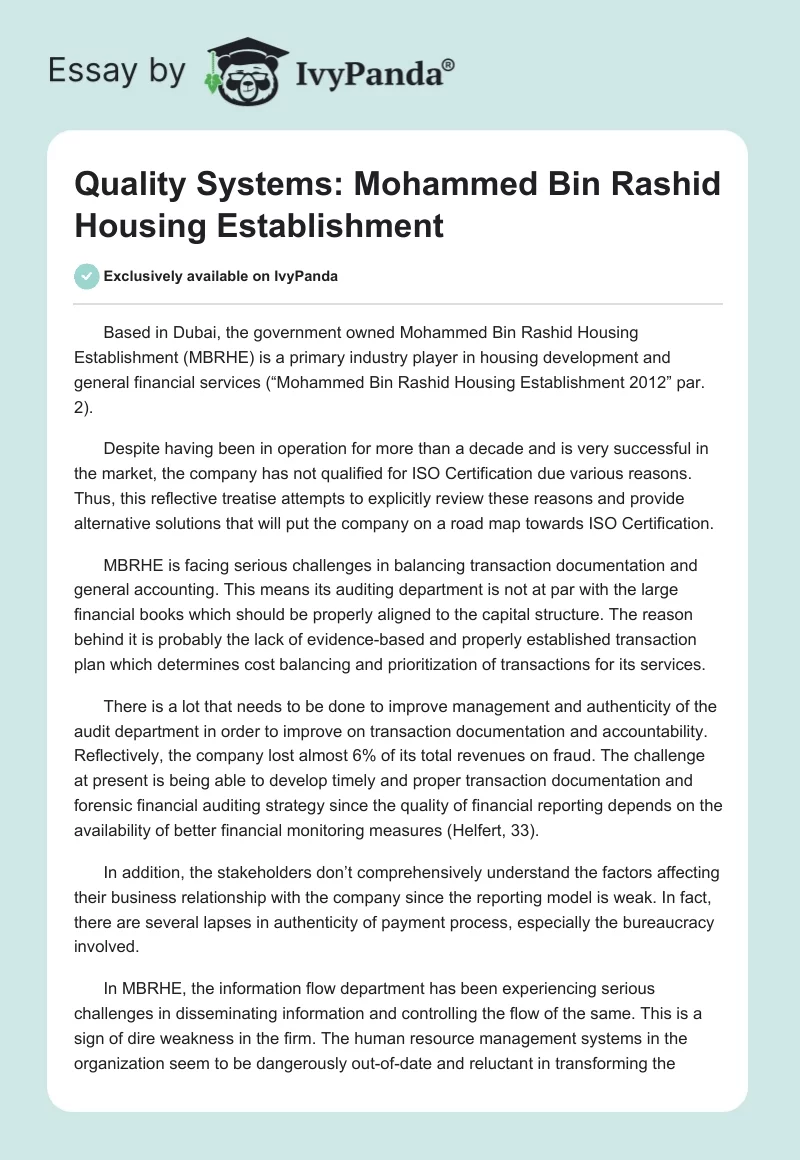 Quality Systems: Mohammed Bin Rashid Housing Establishment. Page 1