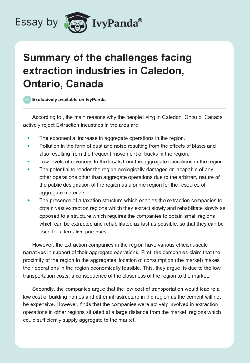Summary of the Challenges Facing Extraction Industries in Caledon, Ontario, Canada. Page 1