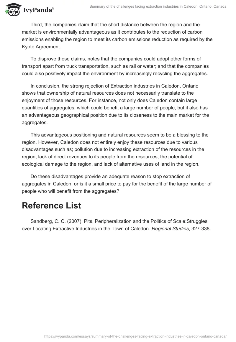 Summary of the Challenges Facing Extraction Industries in Caledon, Ontario, Canada. Page 2
