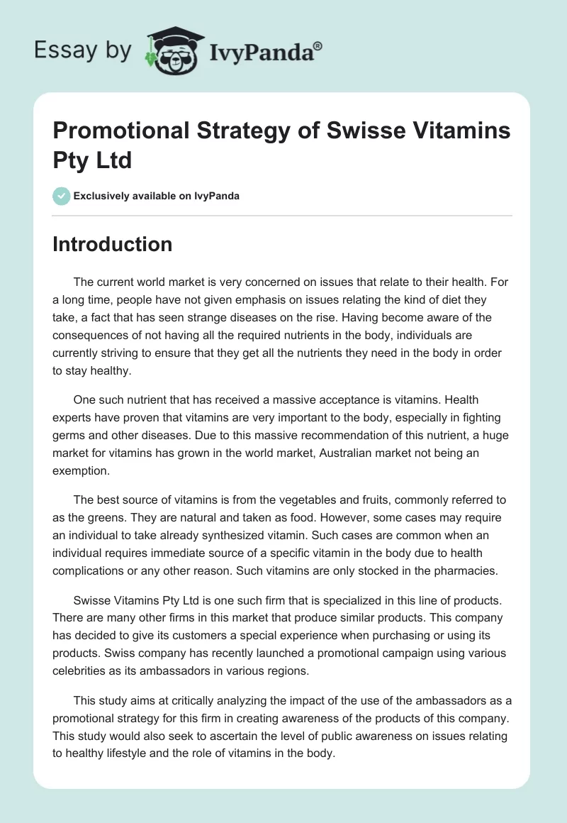 Promotional Strategy of Swisse Vitamins Pty Ltd. Page 1